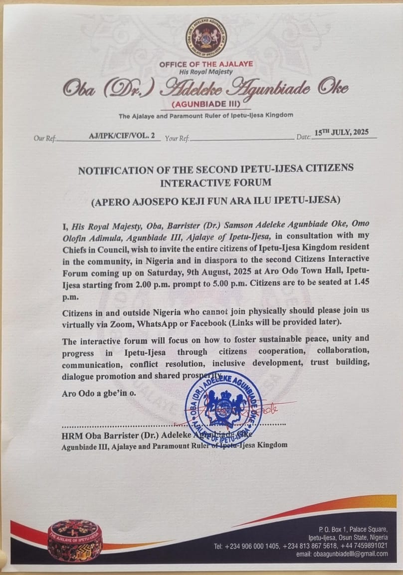 NOTIFICATION OF THE SECOND IPETU-LJESA CITIZENS INTERACTIVE FORUM